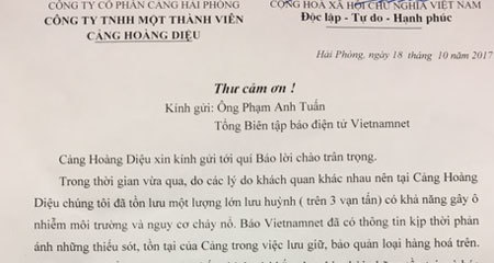 Cảng Hải Phòng gửi thư cảm ơn VietNamNet vụ 4 vạn tấn lưu huỳnh