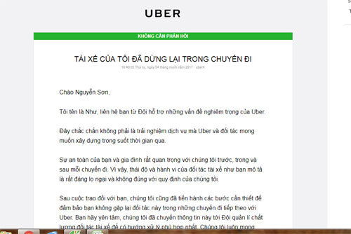 Tài xế Uber bỏ khách giữa đường, khách hàng thất vọng cách giải quyết