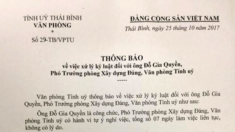 Buộc thôi việc Phó phòng Xây dựng Đảng bỏ nhiệm sở