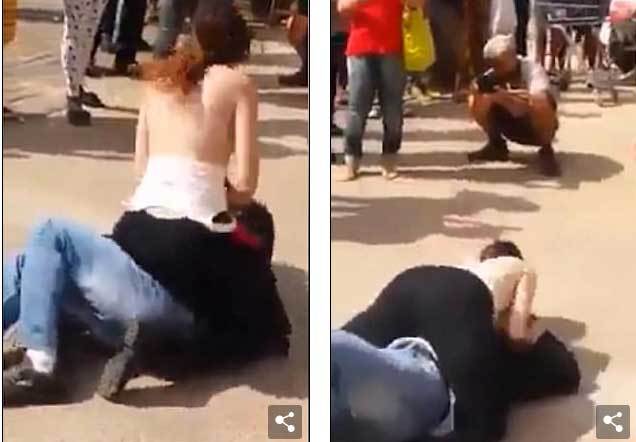 Cô gái cởi phăng áo, đè ngực vào mặt kẻ quấy rối