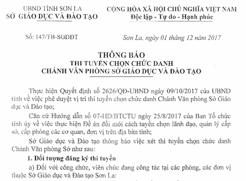 Sơn La thi tuyển chức danh Chánh văn phòng Sở GD-ĐT