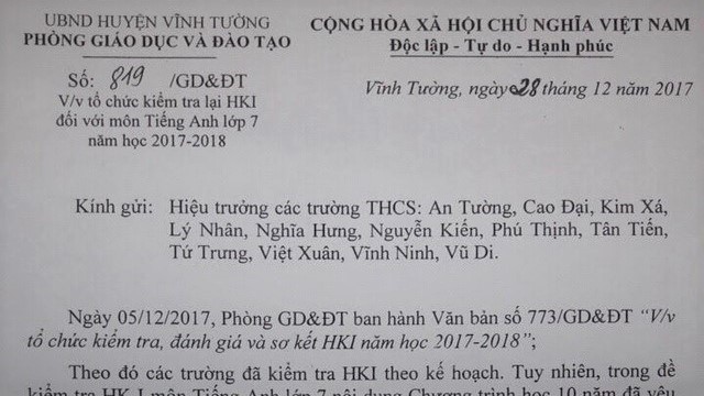 Đề vượt chương trình, 12 trường phải kiểm tra lại
