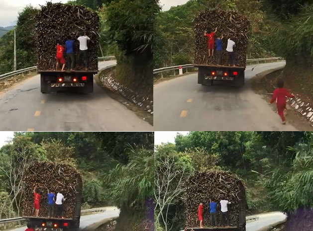 Thót tim nhìn trẻ em đu bám xe tải chở mía trên QL48