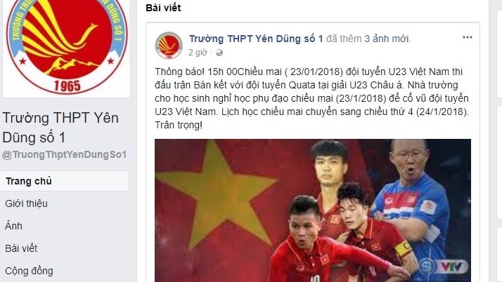 Trường cho học sinh nghỉ để cổ vũ đội tuyển U23 Việt Nam