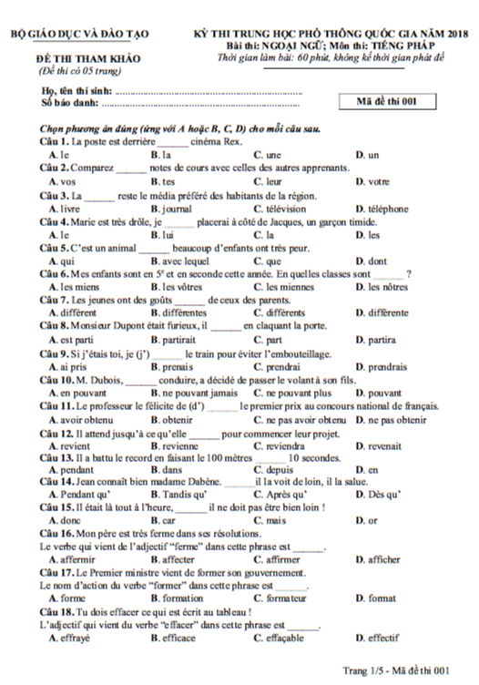 de thi mon tieng phap