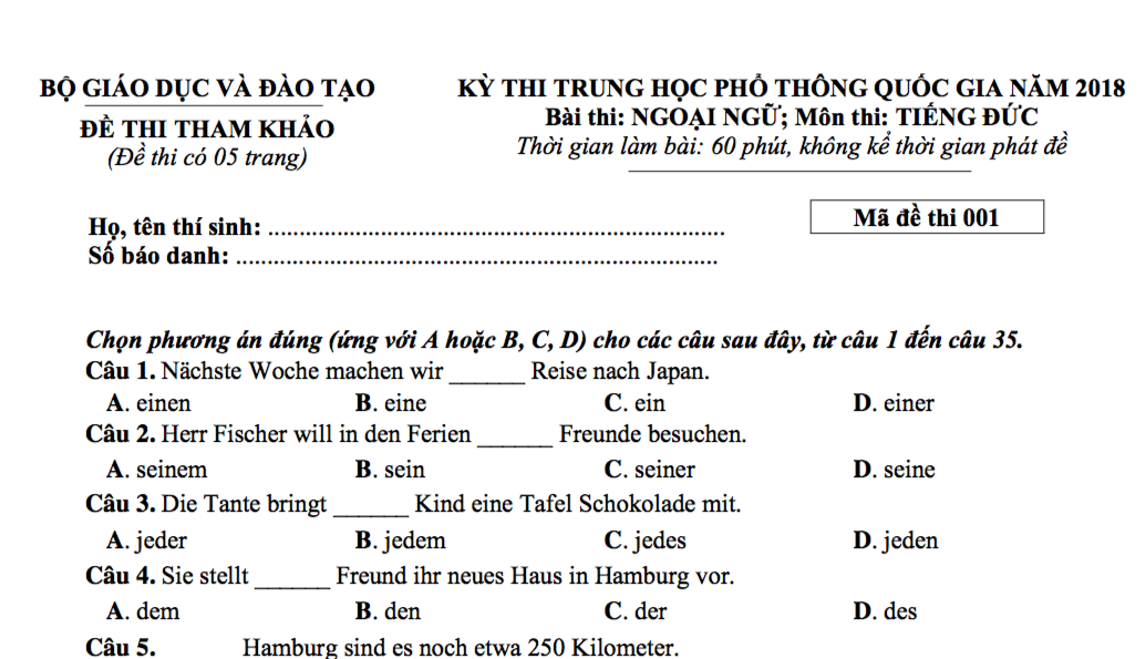 Đề thi minh họa môn Ngoại ngữ - tiếng Đức kỳ thi THPT quốc gia 2018