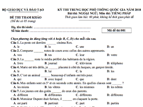 Đề thi minh họa môn Ngoại ngữ - tiếng Pháp kỳ thi THPT quốc gia 2018