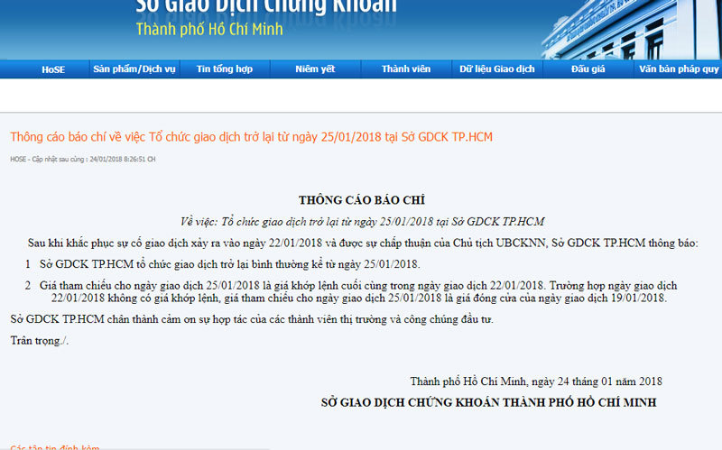 Hôm nay 25/1, HOSE giao dịch trở lại sau sự cố 'sập sàn'